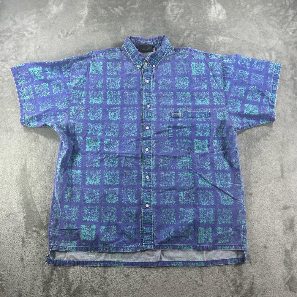 Vintage Quiksilver Shirt Mens Medium Blue Geometric Short Sleeve Button Up USA